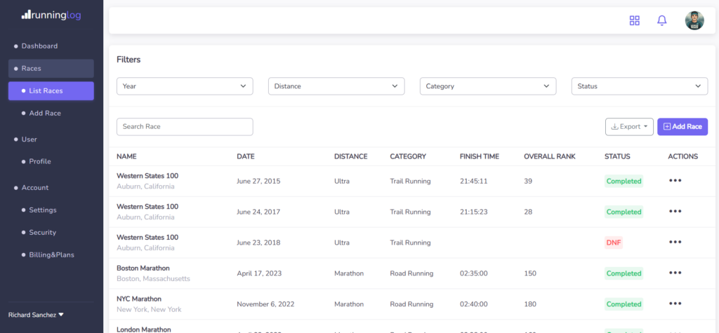 Screenshot of RunningLog app dashboard showing a list of logged running races with results.