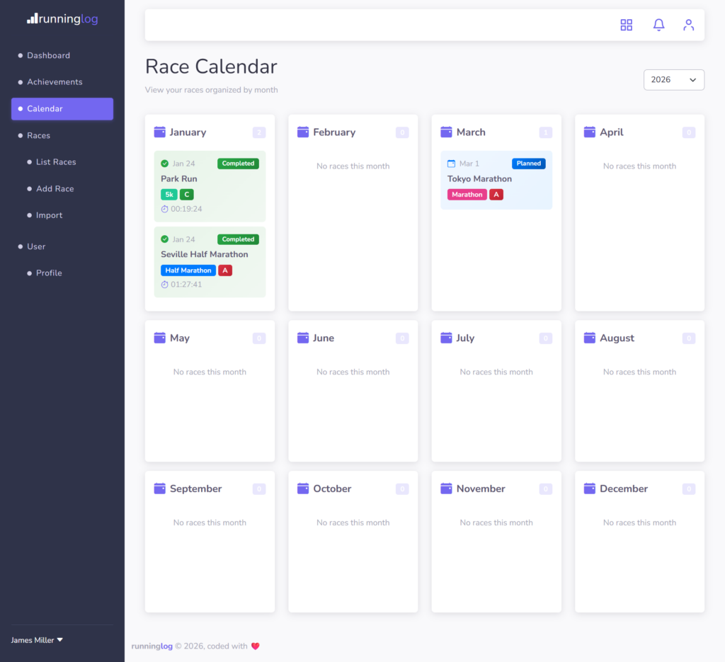 RunningLog Calendar page